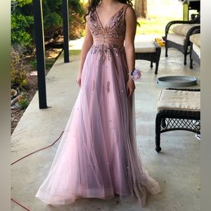 GB Rose Gold / Mauve V neck long dress with patterned stone and beadwork  size S